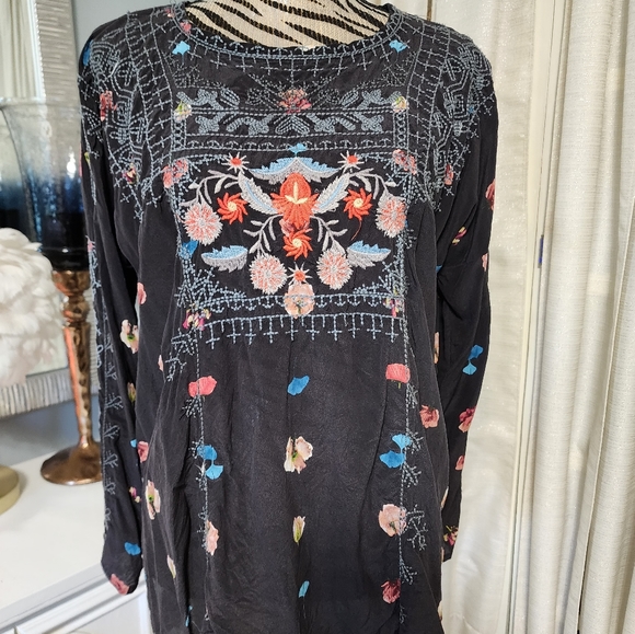 JohnnY Was Biya Inka silk blouse lack embroidered long sleeve split tie neck S - Picture 8 of 10